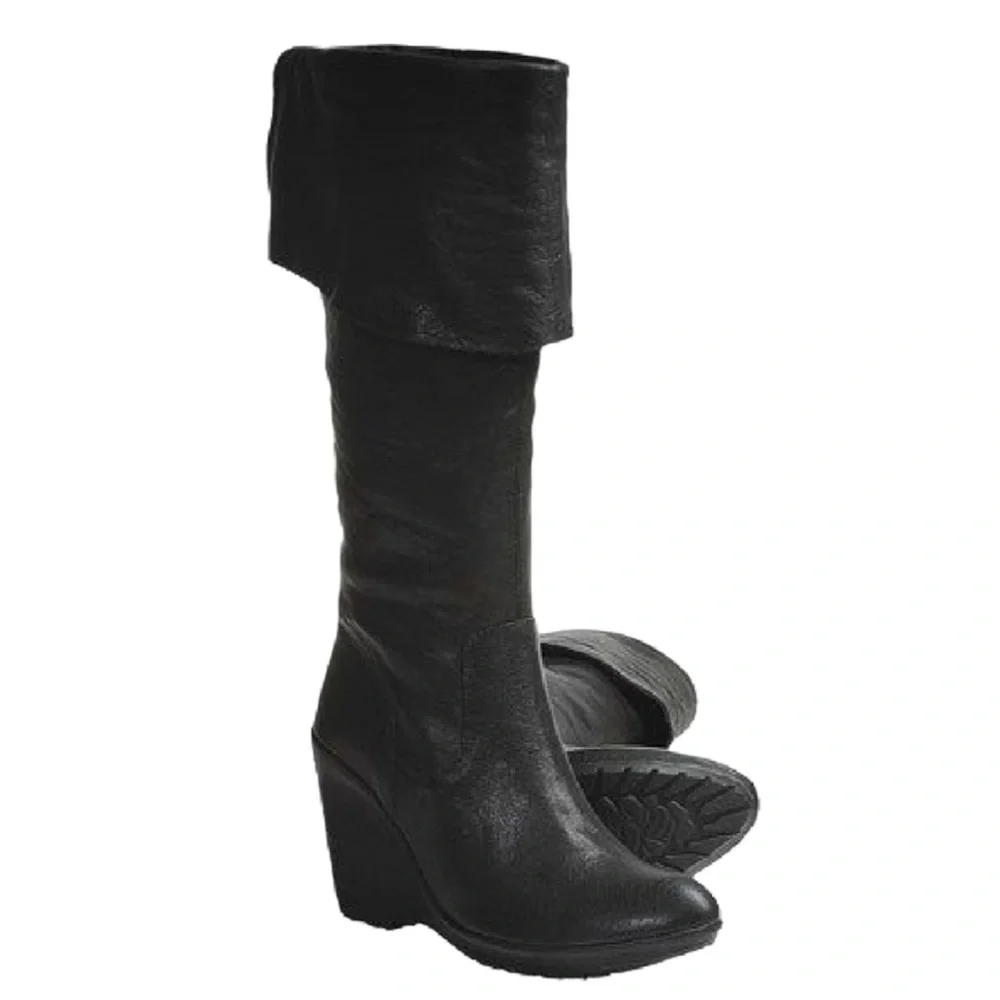 Kork-Ease Adrianne Black leather high knee Tall Fold over wedge boots size 8.5